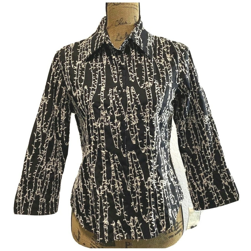 NWT D&Y Shirt MED Black Ivory Ribbon Stripe Button Down 3/4 Sl Casual Career $80